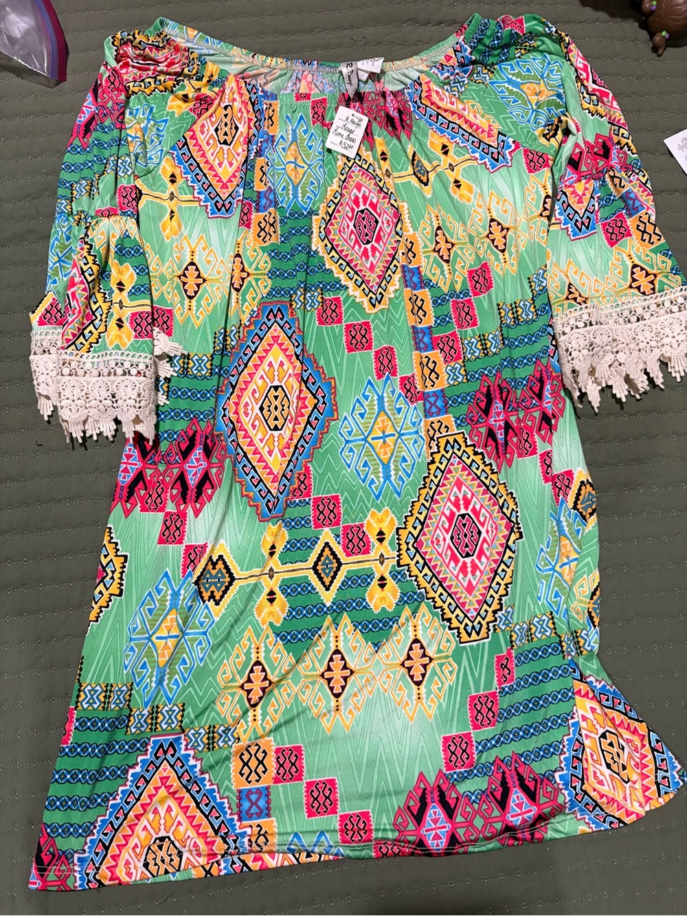 R. Rouge Mint Green Multi Off-Shoulder Midi Dress with Crochet Trim